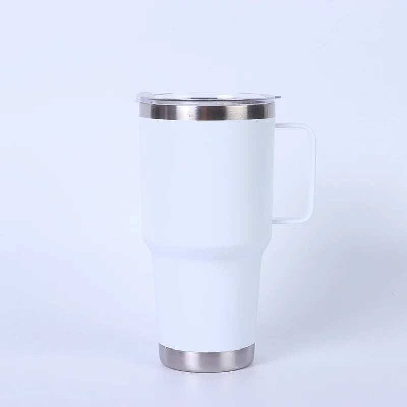 White insulated mug with silver lid and handle on a white background