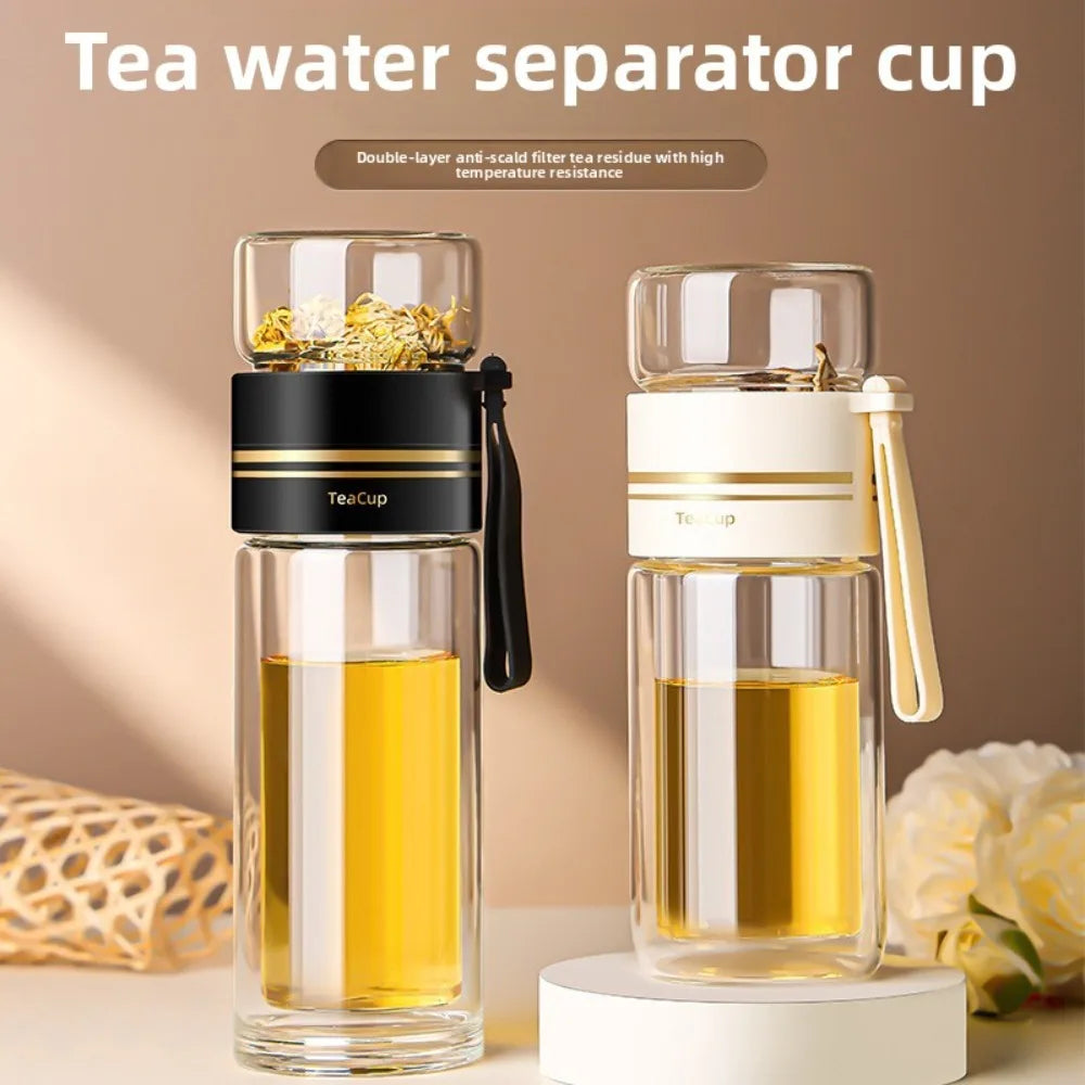 Two tea water separator cups with a beige background and text.