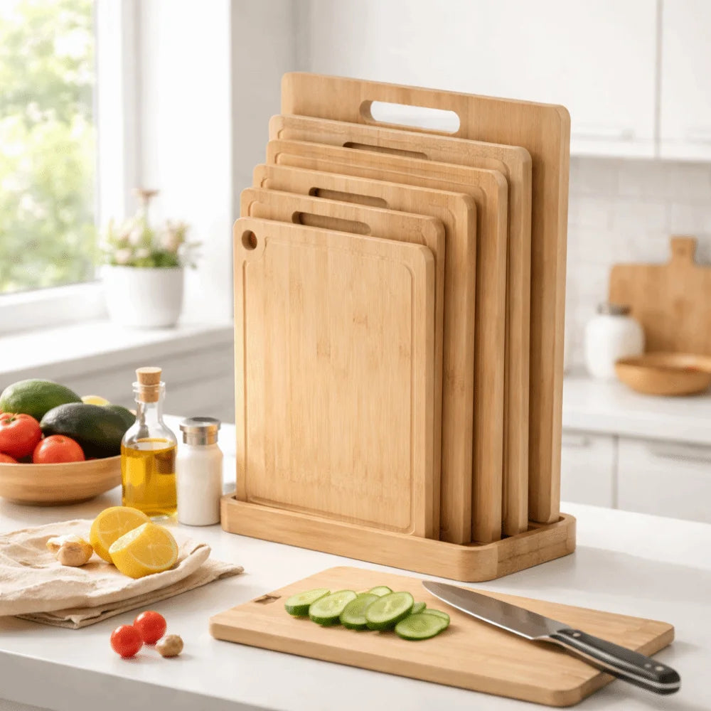 Set of wooden cutting boards in a kitchen setting with fruits and vegetables.