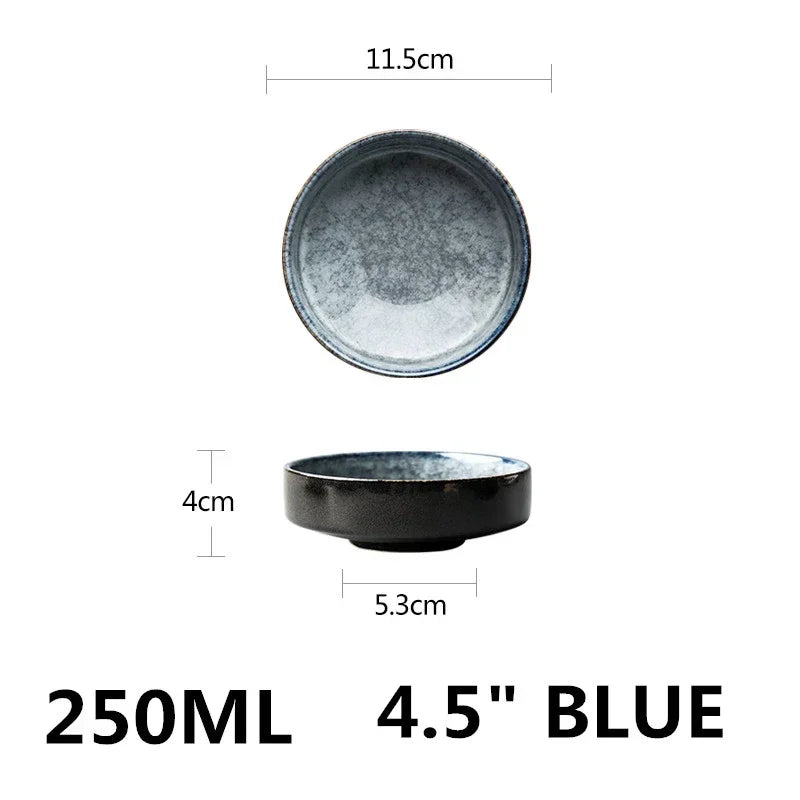 Blue ceramic bowl with measurements on a white background