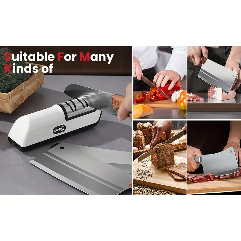 Collage of a knife sharpener with various uses including cutting vegetables, bread, and meat.