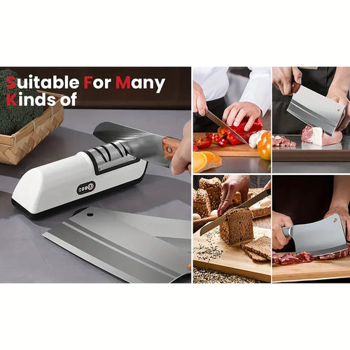 Collage of a knife sharpener with various uses including cutting vegetables, bread, and meat.