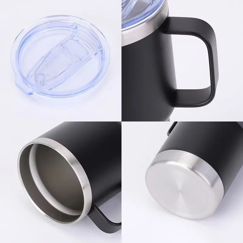 Black insulated mug with handle and lid on a white background