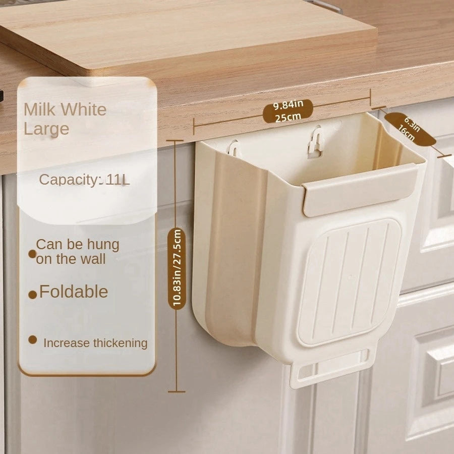 Foldable storage basket with hanging hook on a wooden surface, showing dimensions and features.