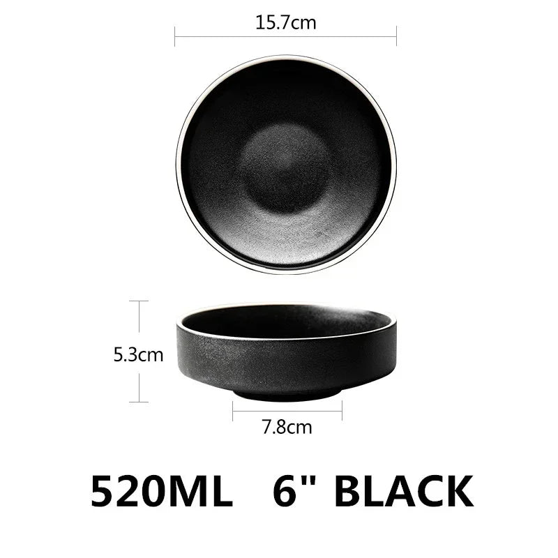 Black ceramic bowl with measurements on a white background
