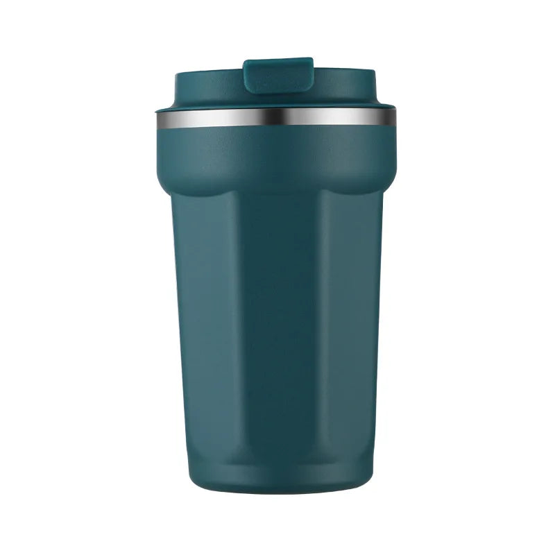 Teal insulated travel mug with a silver rim on a white background