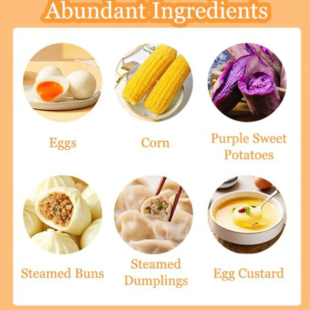 List of ingredients including eggs, corn, purple sweet potatoes, steamed buns, steamed dumplings, and egg custard on a peach-colored background.