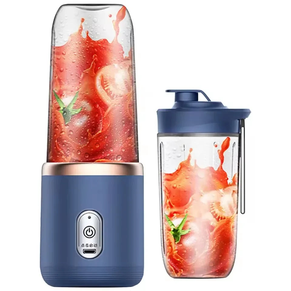 Portable blender with a blue base and clear container filled with a red smoothie on a white background