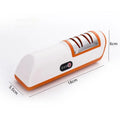 White and orange electric knife sharpener with dimensions on a white background