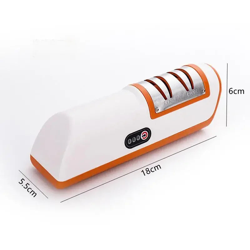 White and orange electric knife sharpener with dimensions on a white background