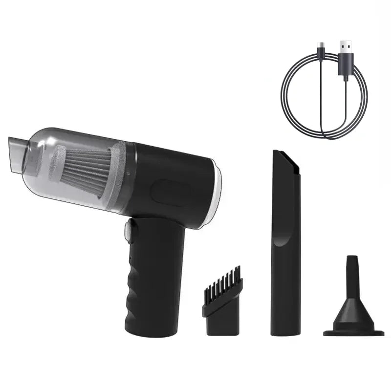 Black handheld vacuum cleaner with attachments and USB cable on a white background