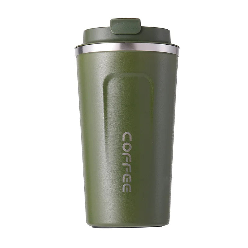 Green coffee tumbler with 'COFFEE' text on a white background