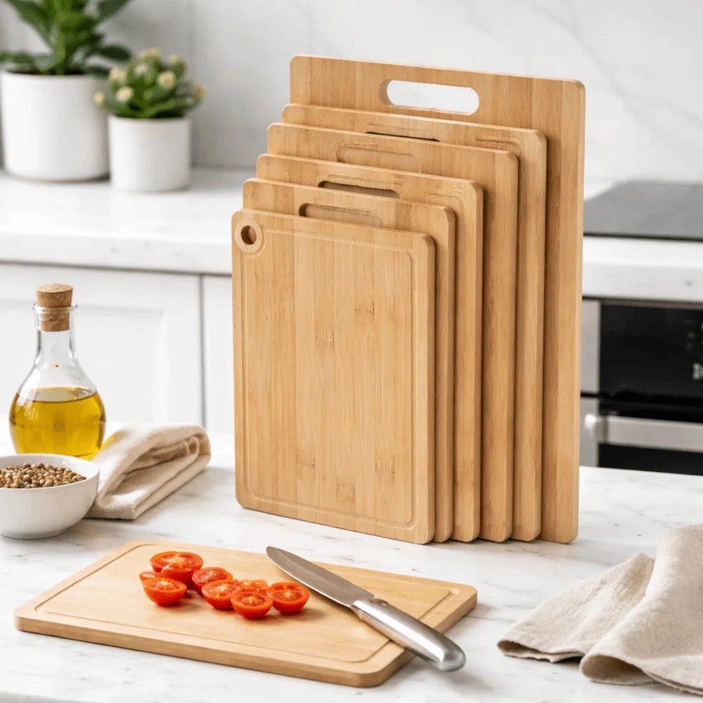 Set of bamboo cutting boards on a kitchen counter with a knife and tomatoes.