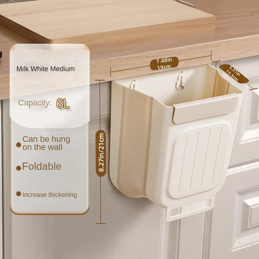 Foldable storage basket hanging on a wooden cabinet with product details.