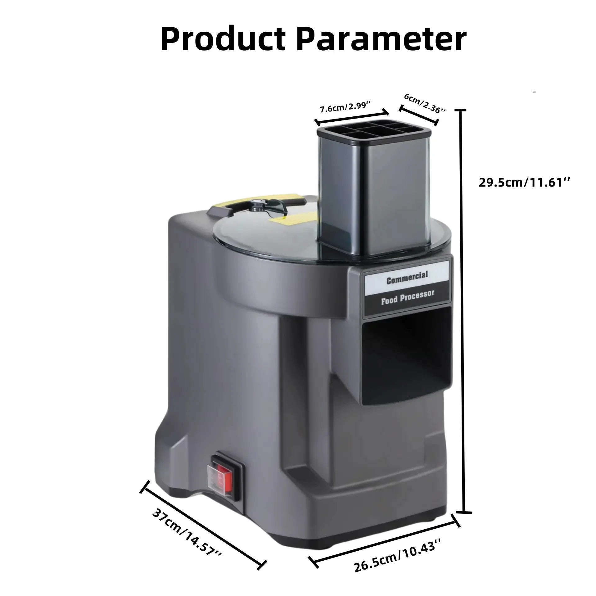 Gray food processor with dimensions labeled on a white background