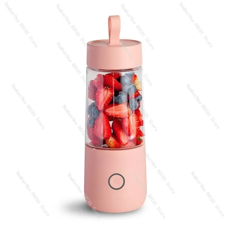 Pink portable blender with fruits inside on a white background
