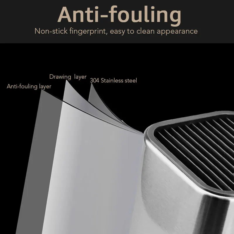 Stainless steel kitchen faucet with anti-fouling layer and 304 stainless steel text on a black background.