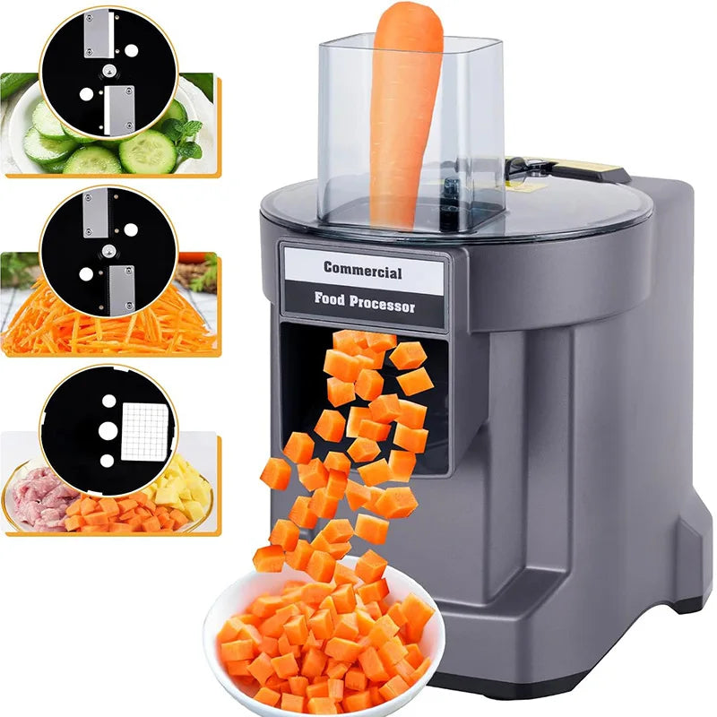 Commercial food processor with carrot cubes and adjustable blades on a white background