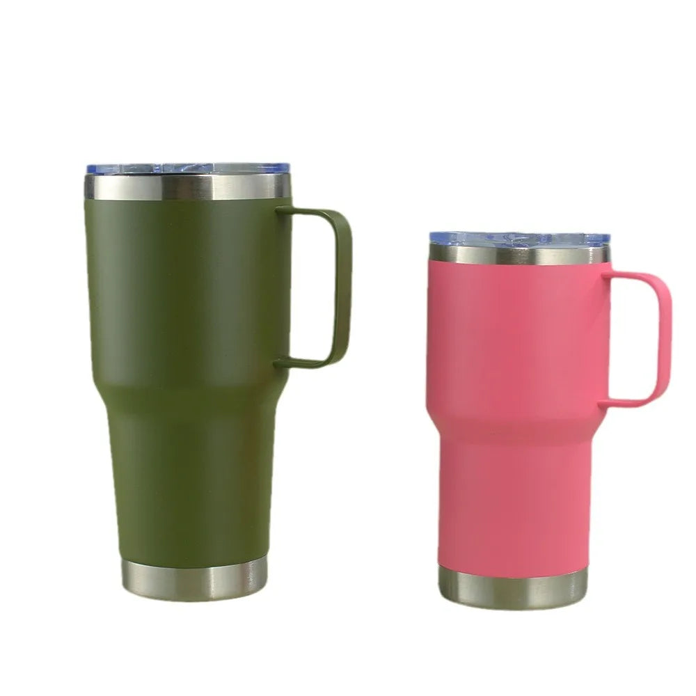 Two insulated travel mugs, one green and one pink, on a white background.