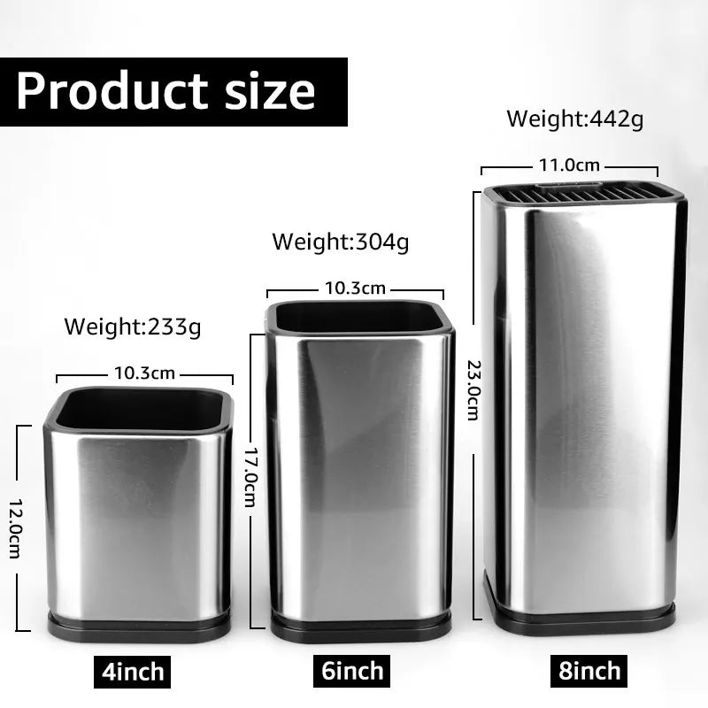 Three sizes of stainless steel trash cans with measurements and weights displayed.