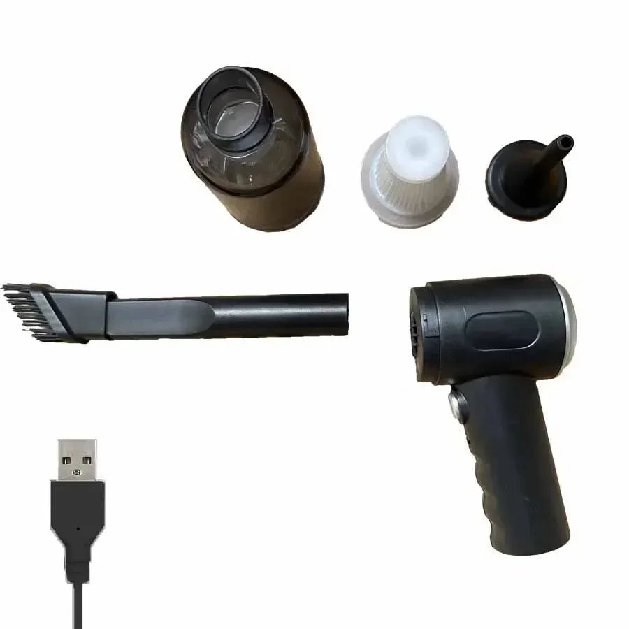 Black handheld device with various attachments on a white background