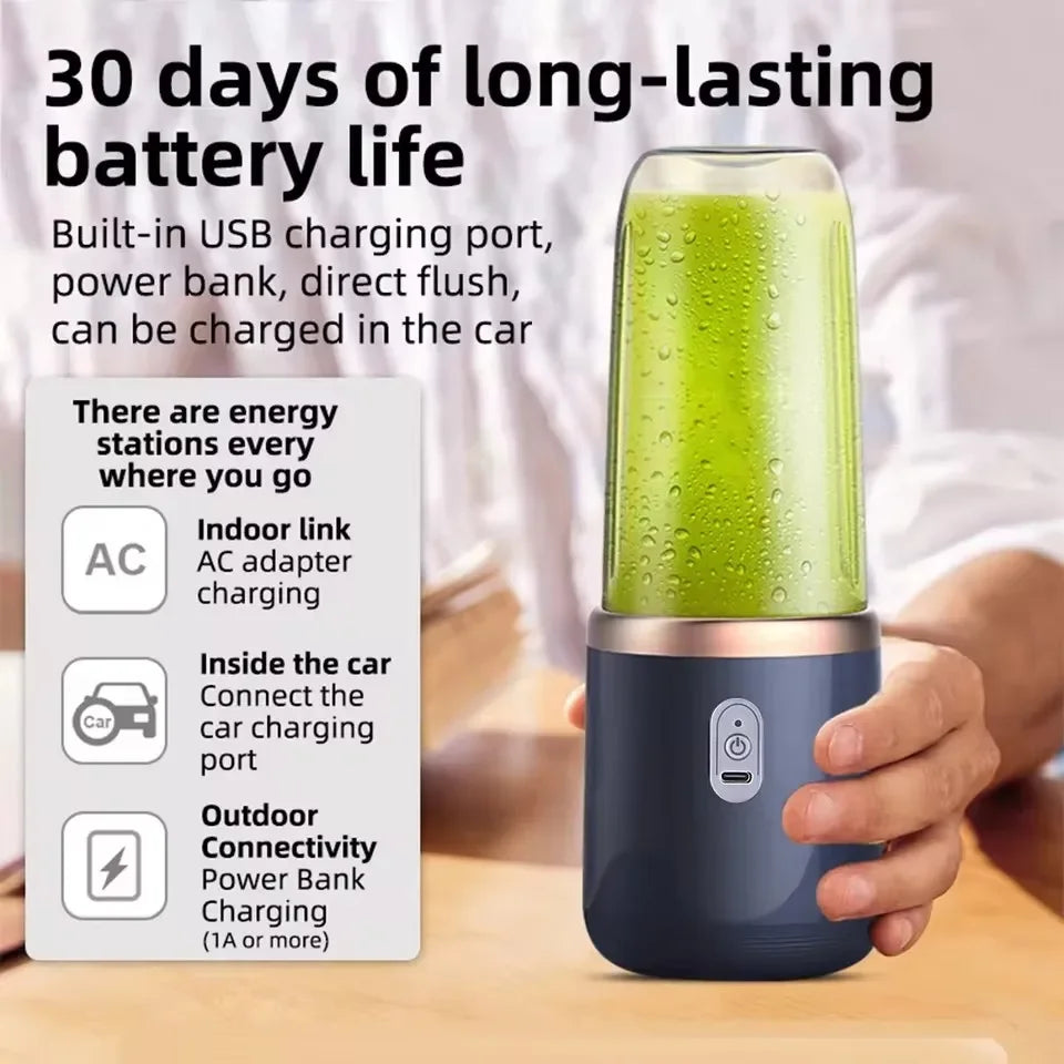 Portable blender with USB charging port and energy station features, held by a person.