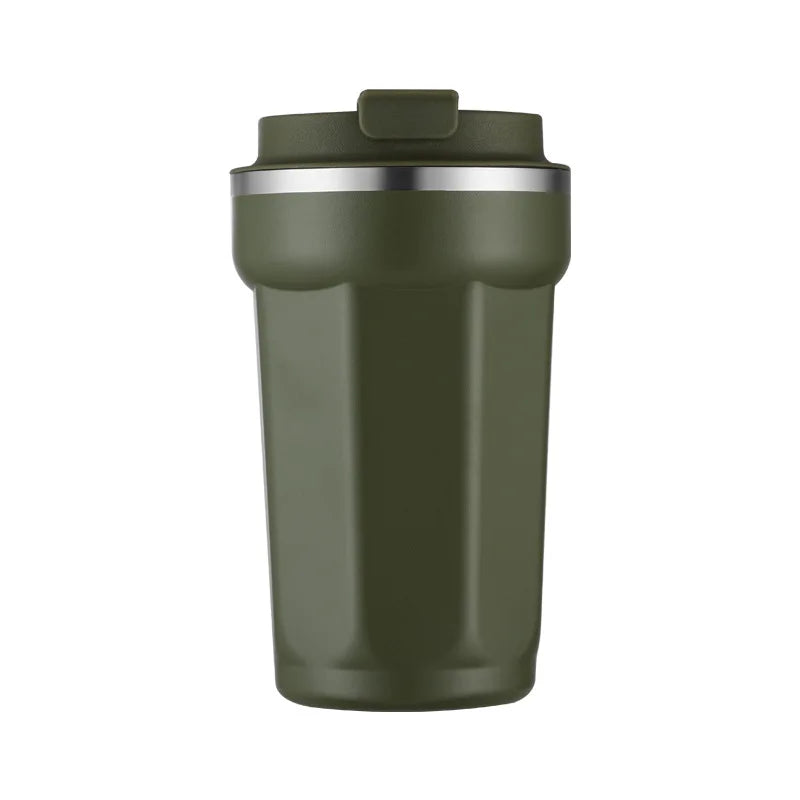 Green insulated travel mug with a silver rim on a white background
