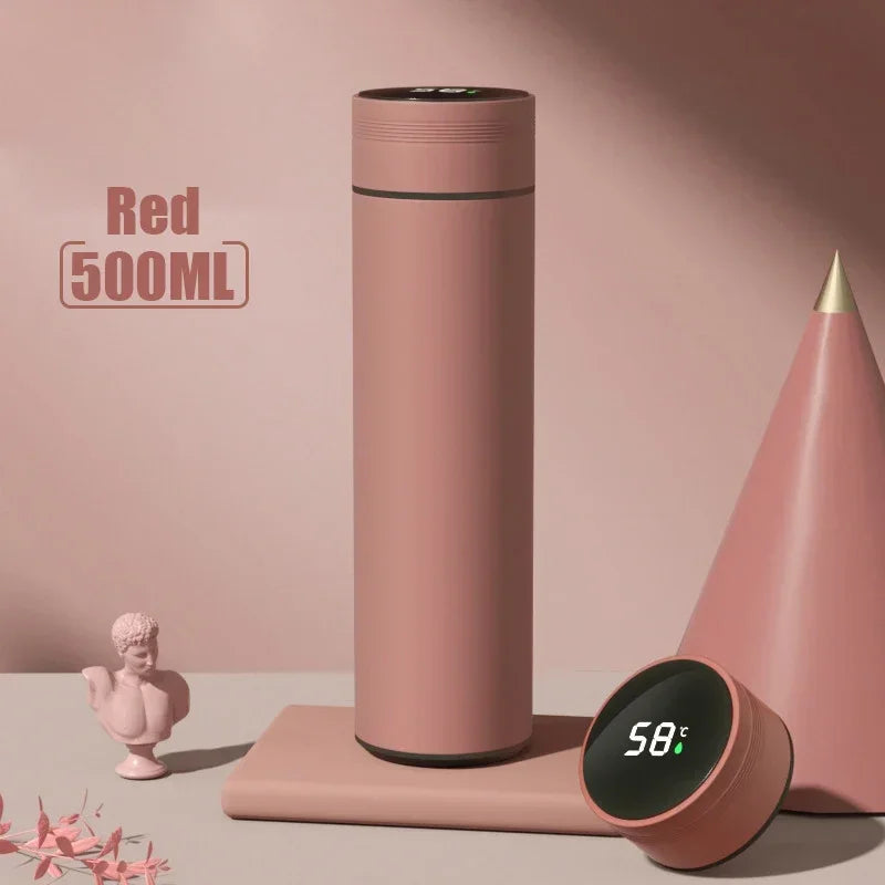 Pink thermos bottle with digital display on a pink background