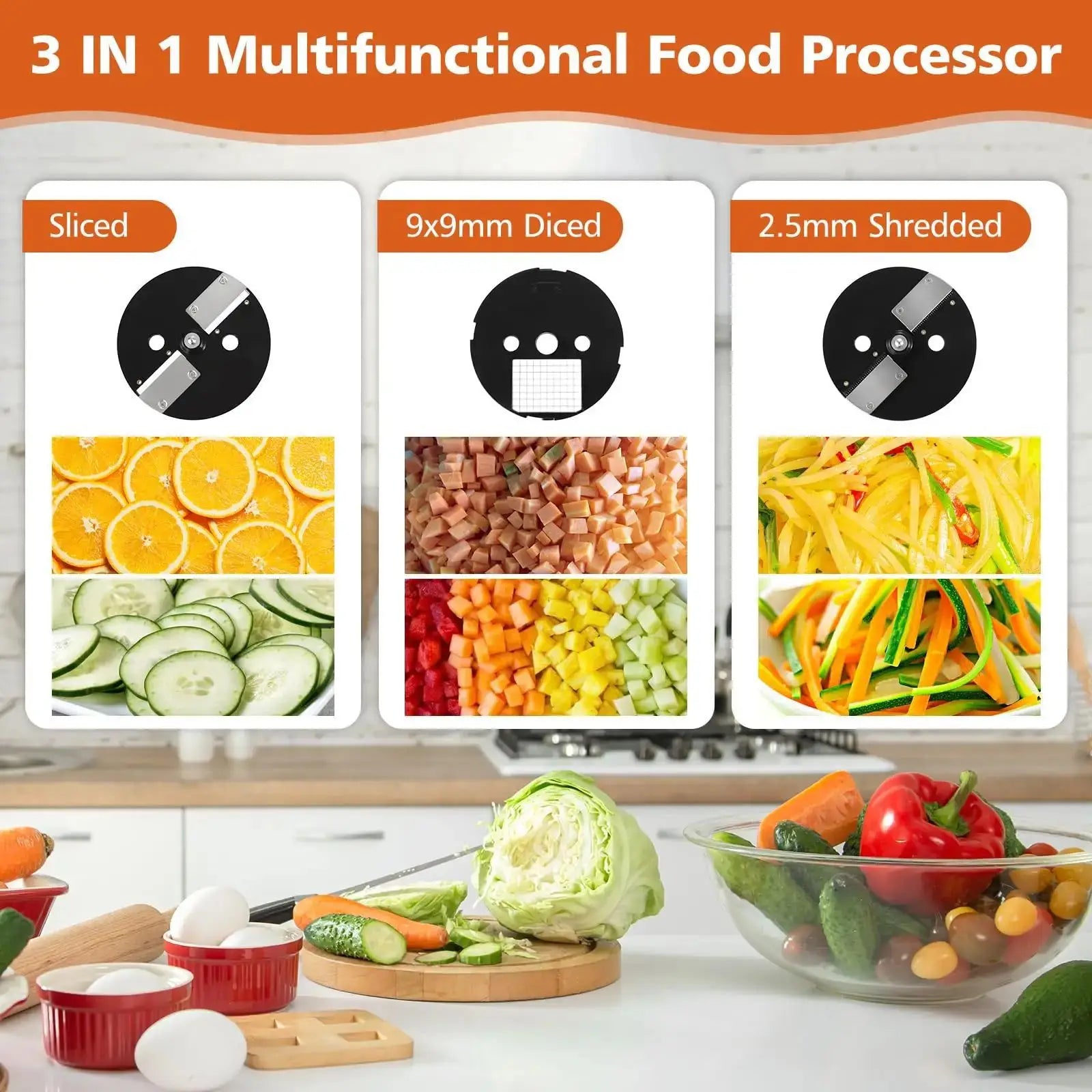 Multifunctional food processor with adjustable blades and sliced vegetables on a kitchen counter.