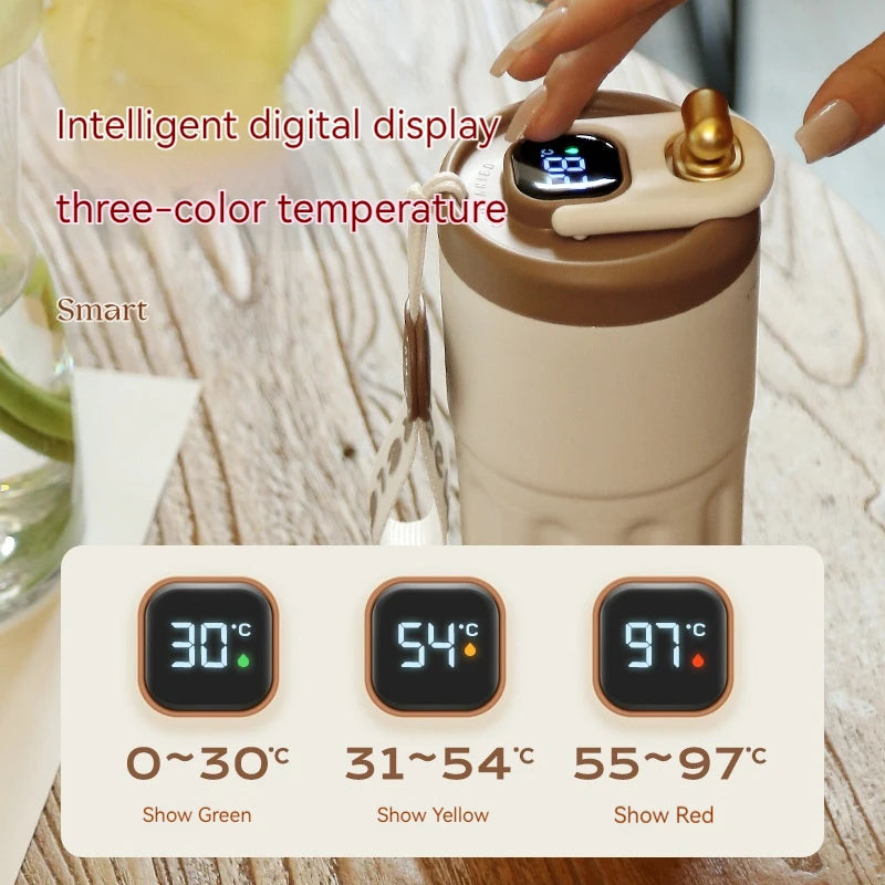 Digital temperature display with three color-coded temperature ranges on a wooden surface.