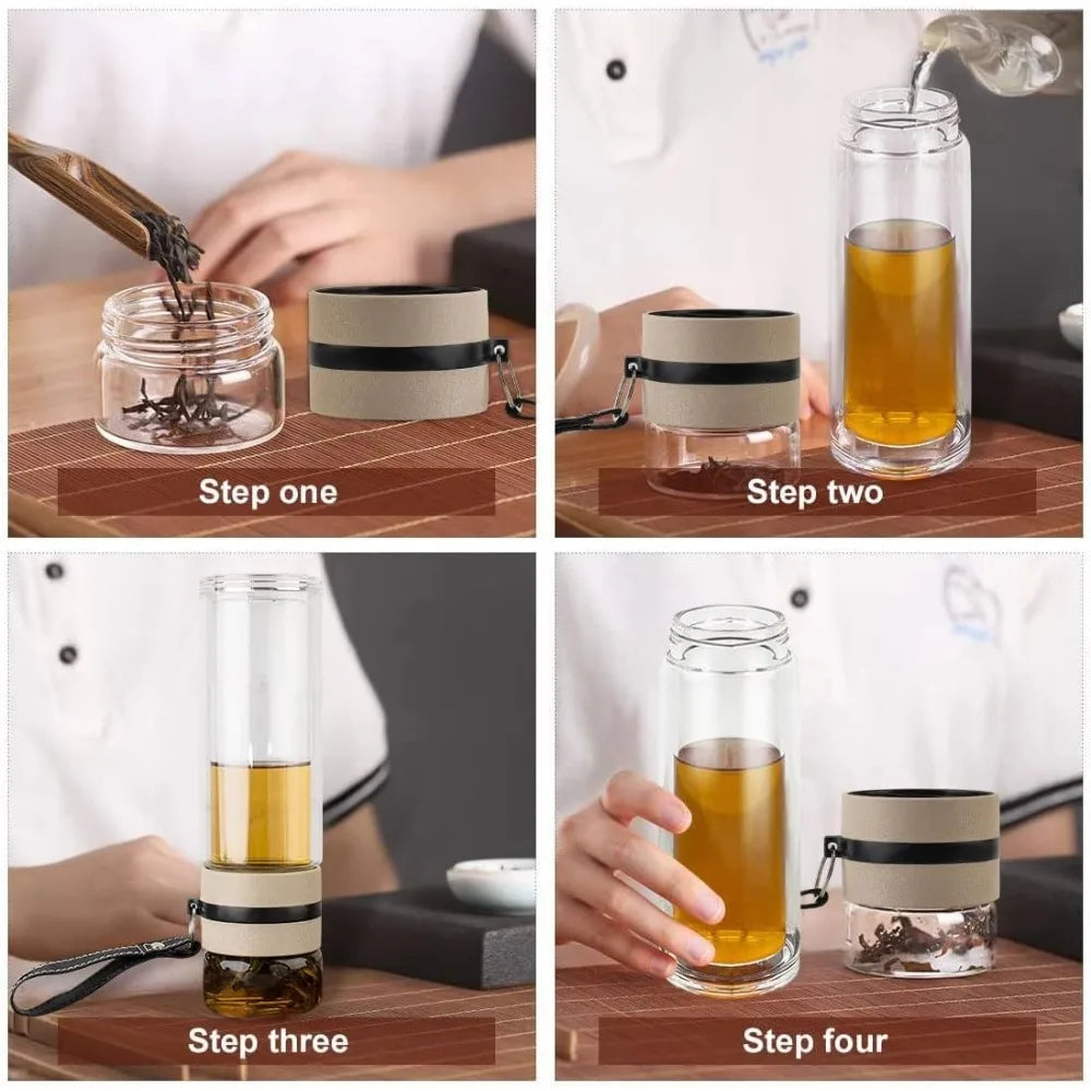 Step-by-step process of making tea with a glass container and tea leaves.
