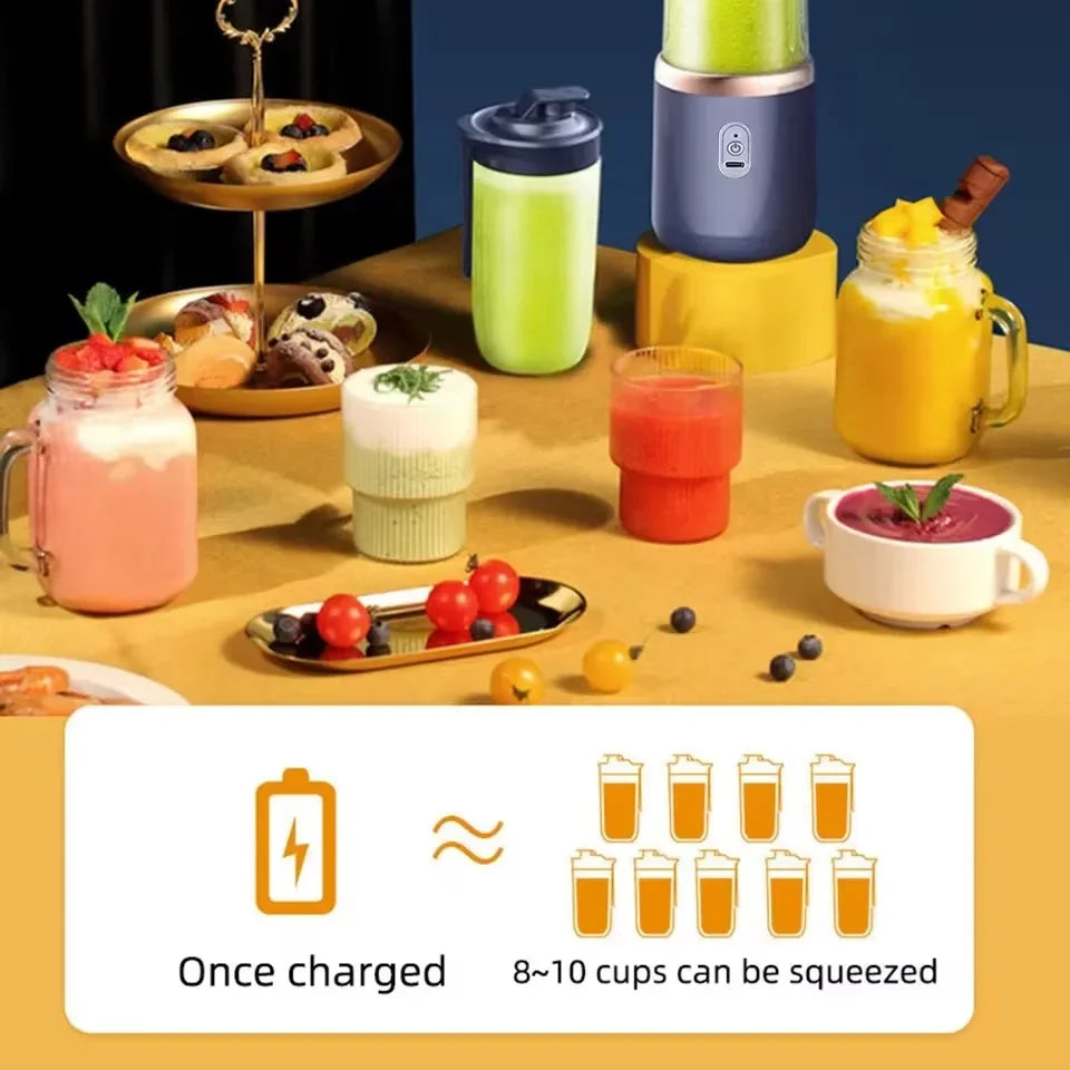 Table with various cups and containers filled with drinks and snacks, with a focus on a juicer and cups.