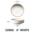 White ceramic bowl with gold rim and measurements on a white background