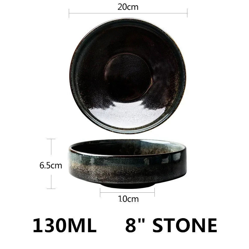 Black stone bowl with dimensions and capacity details on a white background