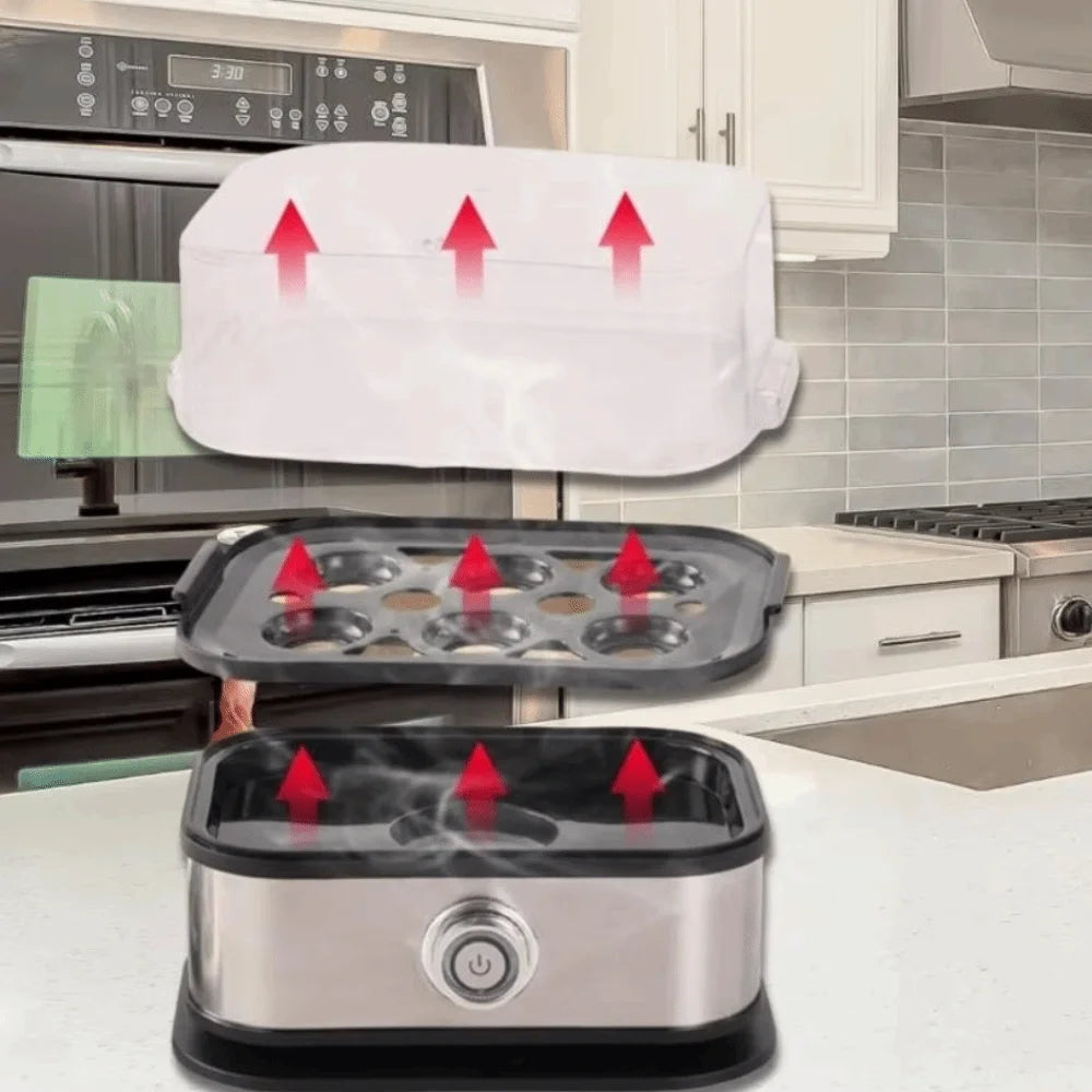 Steamer with a lid on a kitchen counter, showing steam rising.