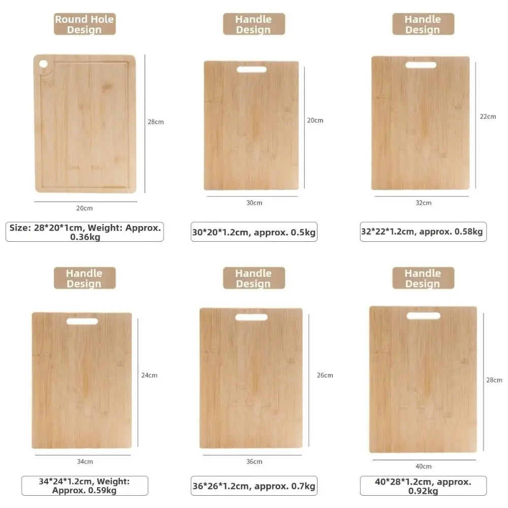 Set of wooden cutting boards with dimensions and weight labels on a white background