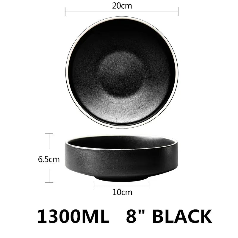 Black deep bowl with dimensions and capacity details on a white background