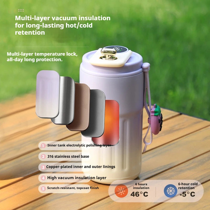 Vacuum insulated bottle with features highlighted on a wooden surface