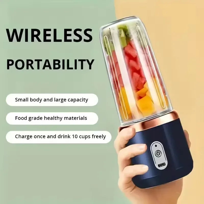 Hand holding a portable blender with fruits inside, on a light green and beige background.