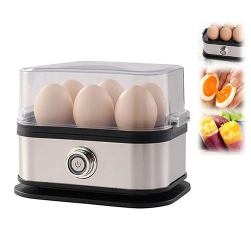 Stainless steel egg cooker with eggs on a white background