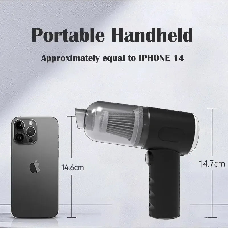 Handheld vacuum cleaner next to an iPhone 14 with dimensions displayed
