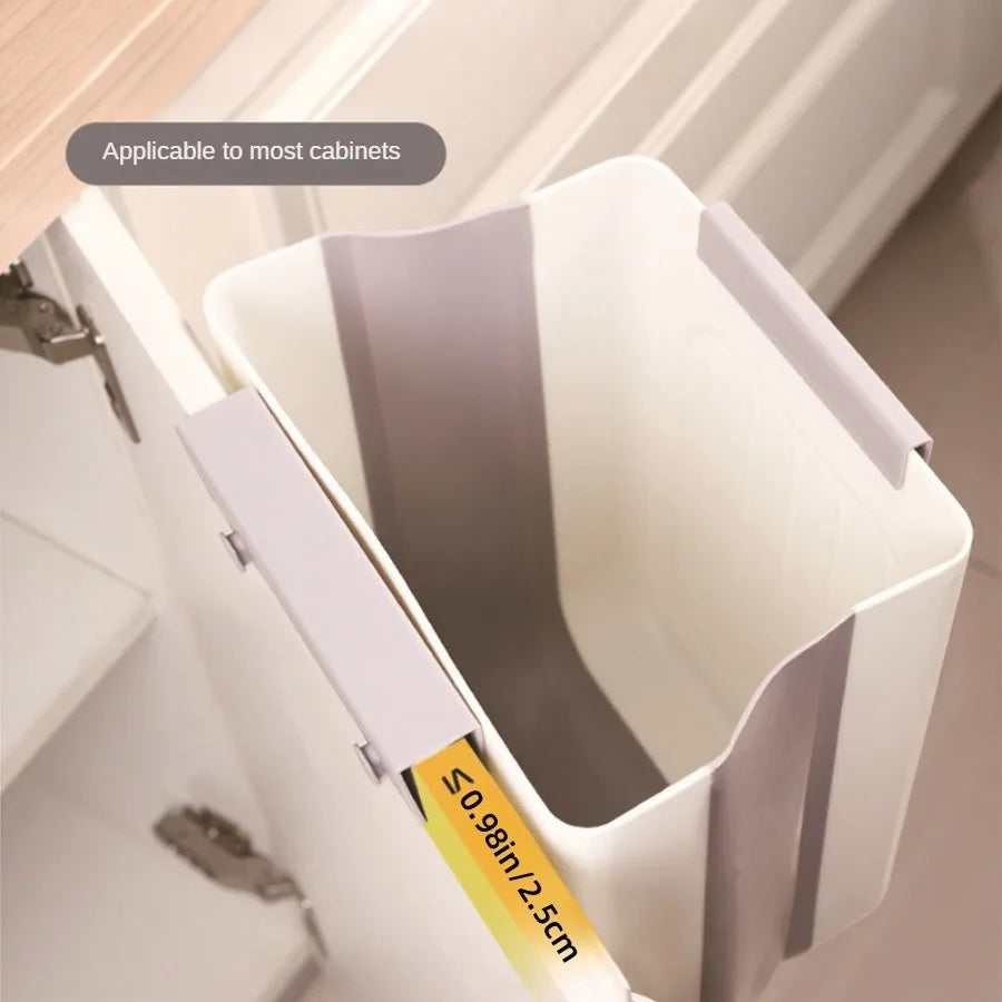 White cabinet organizer with gray interior attached to a cabinet, showing measurement details.