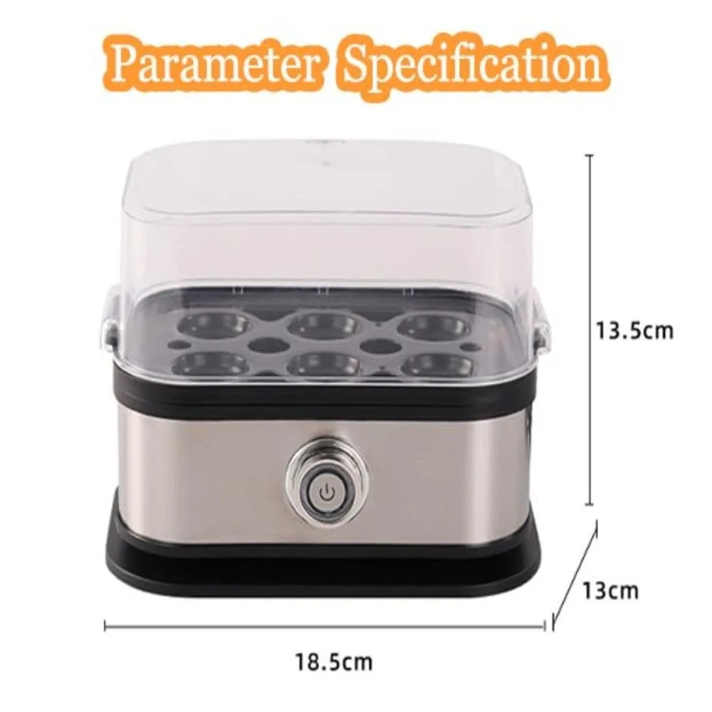 Egg cooker with dimensions labeled on a white background