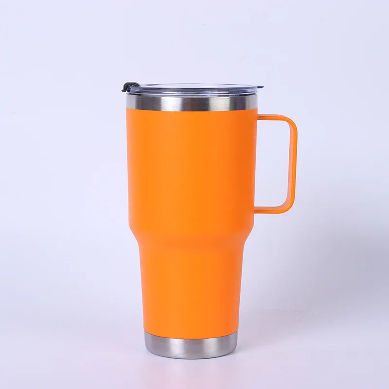 Orange insulated mug with a handle on a light purple background