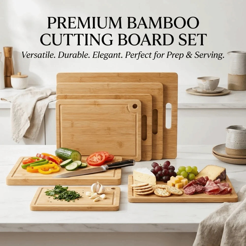 Set of bamboo cutting boards with food on a kitchen counter