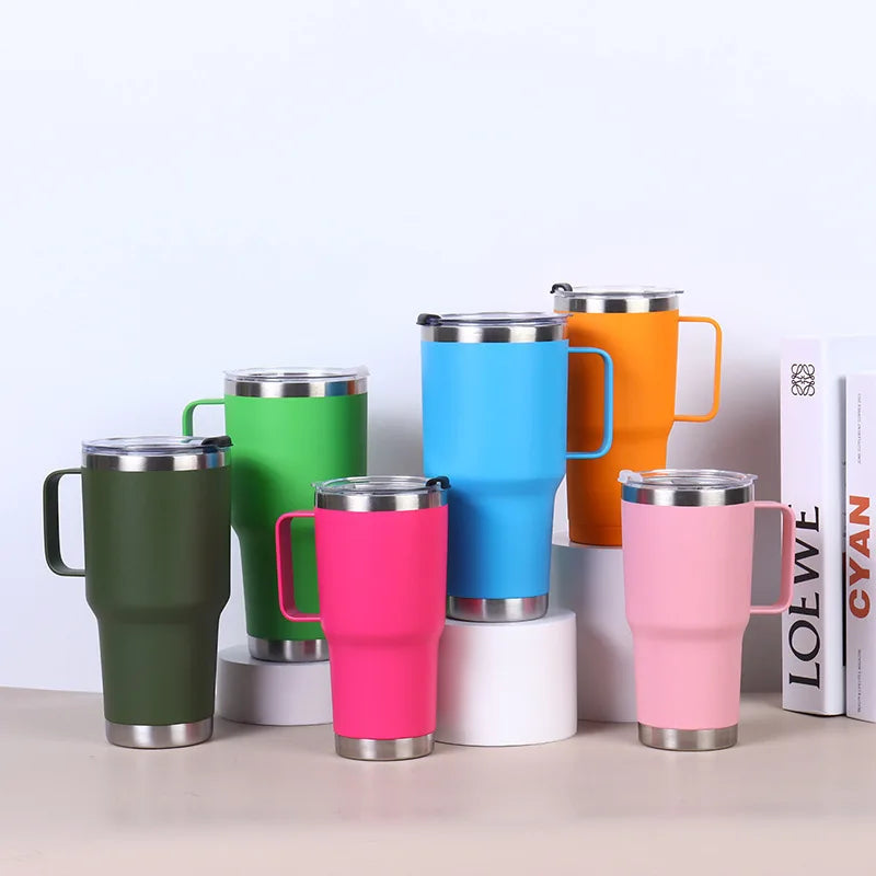 Set of colorful insulated travel mugs on a white background