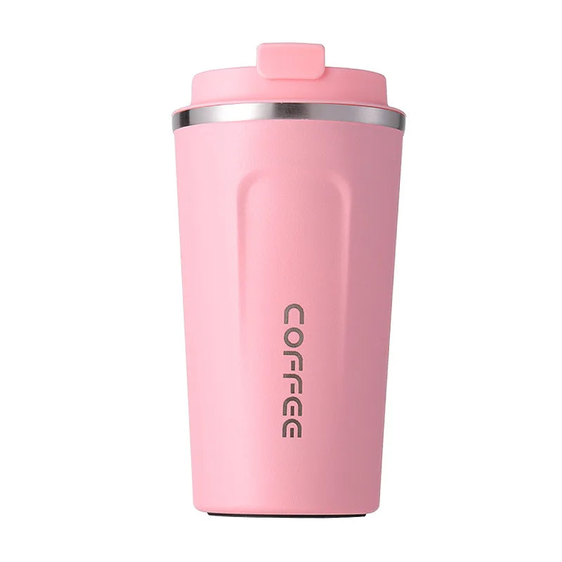 Pink insulated coffee tumbler with 'COFFEE' text on a white background