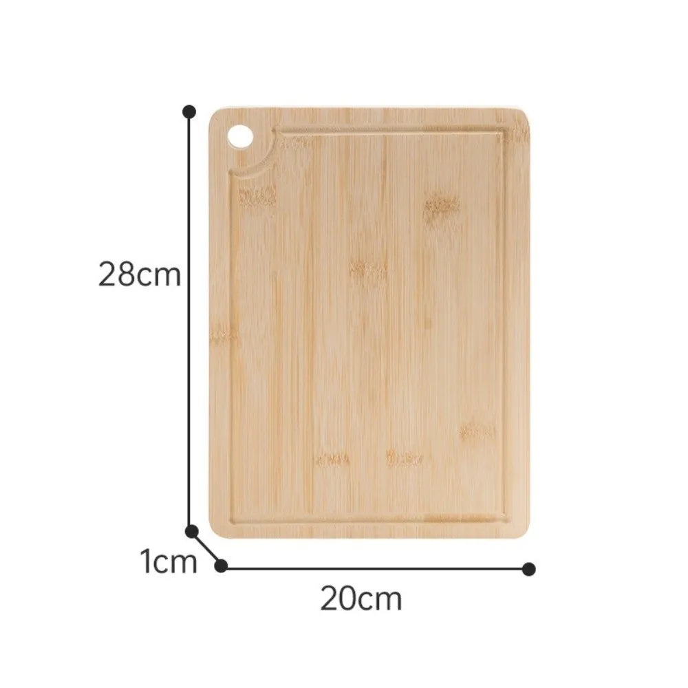 Wooden cutting board with dimensions labeled on a white background