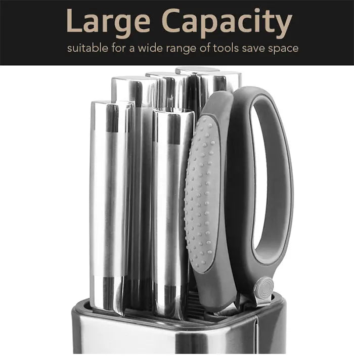 Stainless steel kitchen tool organizer with large capacity on a white background