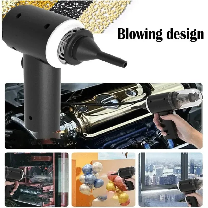 Black and white air blower with various uses including car detailing and cleaning.